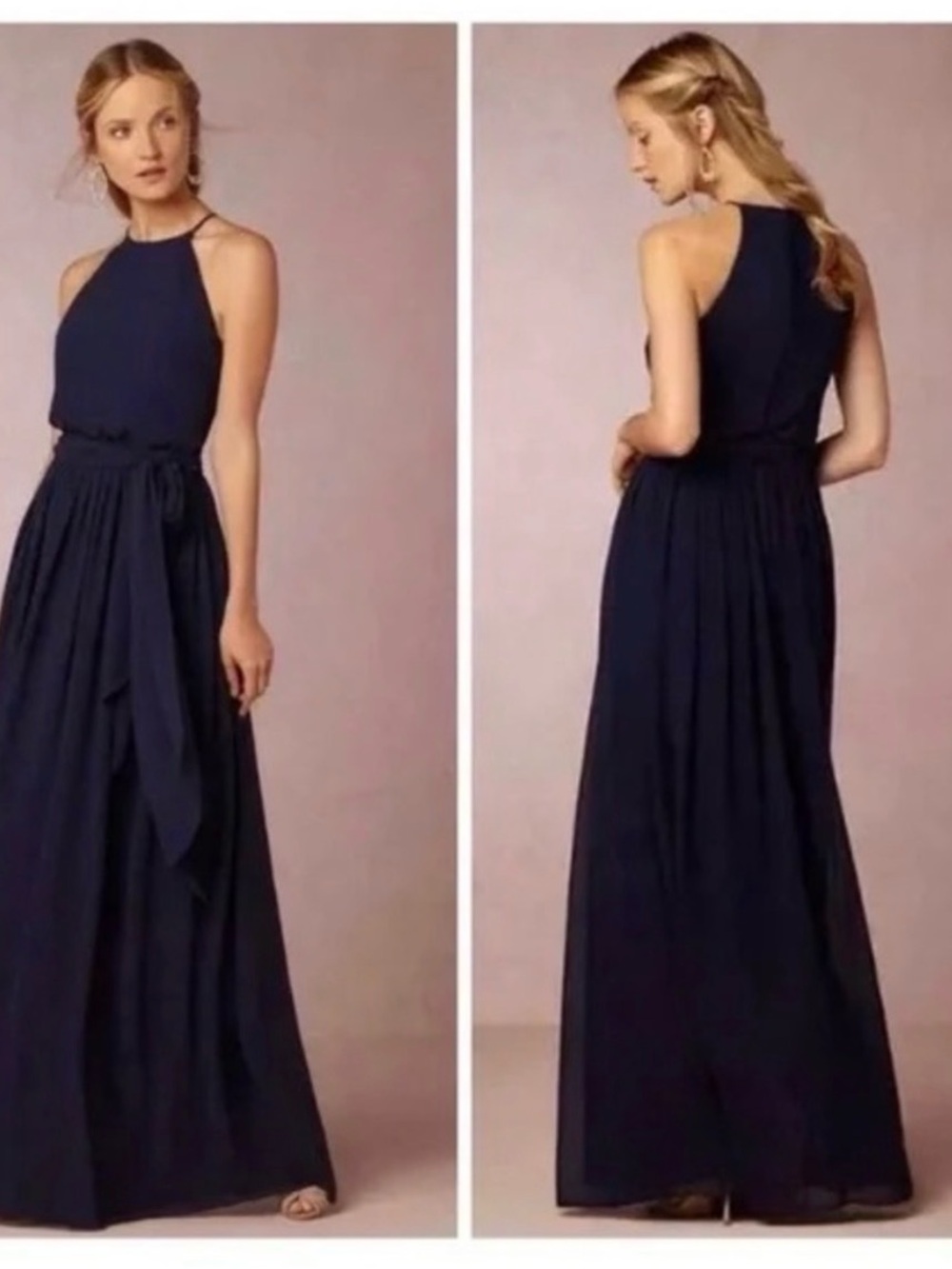 BHLDN Donna Morgan Alanna  Chiffon Navy Halter Maxi Dress with Waist Tie